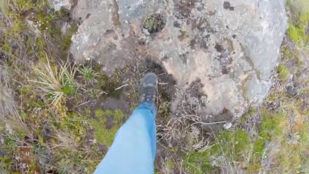 Man Walking Wearing Boots Stepping Rock Stone Hike Mountains Other — Stock Video