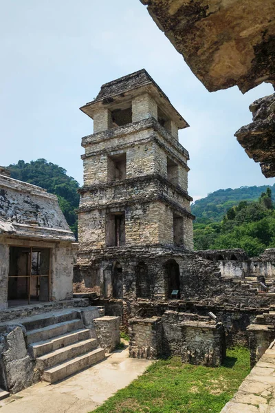 Maya temple ruins with palace patio and observation tower, Palanque, Chiapas, Mexico