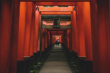 Japonya 'nın Kyoto kentindeki Fishimi Inari Taisha türbesindeki turuncu torii kapılarından geçen yolda yürüyen ziyaretçiler