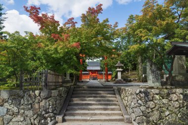 Arashiyama, Kyoto, Japonya 'daki Hachiman Daibosatsu tapınağındaki sonbahar renkli akçaağaç ağaçlarının kaynak olduğu Torri Kapısı.