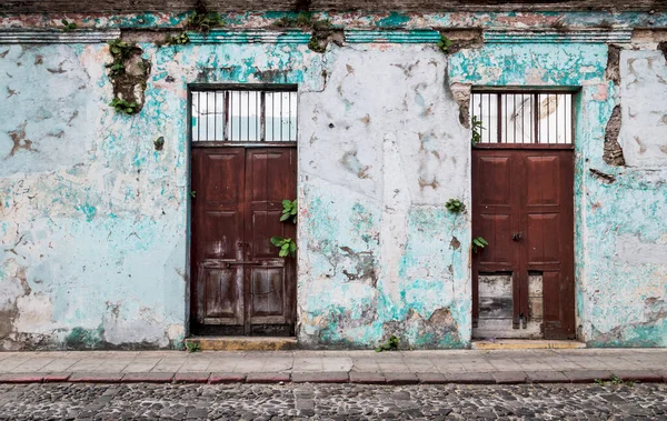 Vintage Abandonado Edificio Colonial Con Puertas Madera Plantas Que Crecen — Foto de Stock