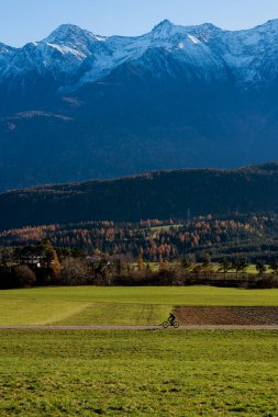 Sonbahar boyunca dağlarda bisiklet sürmek turuncu renkli karaçam ağaçları ve karla kaplı dağların tepesinde Tirol, Avusturya
