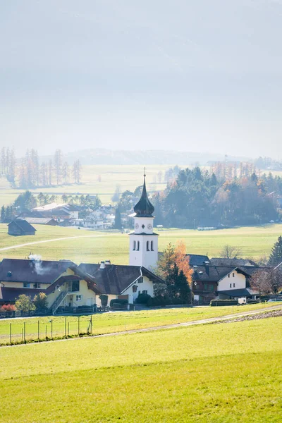 Sunny Austrian Mountain Village Misty Valley Background Autumn Wildermieming Tirol Stock Picture