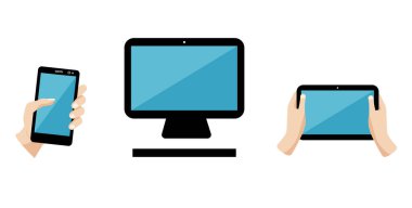 Aletler, akıllı telefon, tablet, masaüstü bilgisayarı. Renkli düz çizim. Bilgi grafiklerinde simge olarak ya da herhangi bir süreci resmetmek için, pankartlar ve el ilanları için kullanılabilir.
