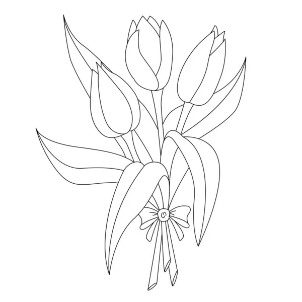 Ramo Tulipanes Ilustración Lineal Vectores Adecuado Para Colorear Así Como — Vector de stock