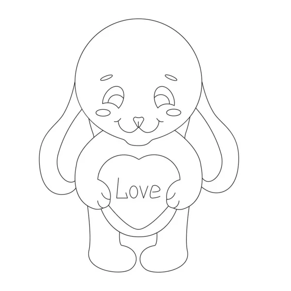 Pençelerinde kalp ve yazıt aşkı olan sevimli karakter tavşanı. Çıkartma olarak kullanılabilir. Siyah ve beyaz vektör doğrusal görüntü. Aşk kartları ve tatiller için ideal bir yer. Renklendirme sayfaları için de uygun. 