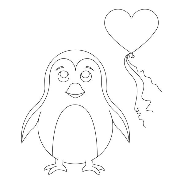 Sehr Niedlicher Pinguin Mit Einem Herzförmigen Ballon Umrissvektorillustration Schwarz Weiß — Stockvektor