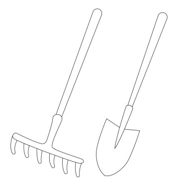 Bahçe aletleri: kürek ve tırmık. Basit vektör doğrusal çizim. Tekmatik başlıklar, dergiler, gönderiler, makaleler için