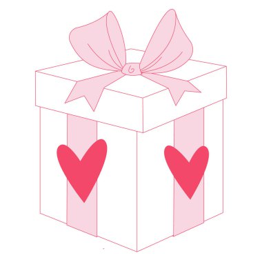 Kalpli bir hediye kutusu ve bir yay. Bir ikon, aşkın sembolü, baskılar için kartpostallar ve diğer tipografi olarak kullanılabilir. 