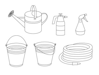 Bahçedeki bitkileri sulamak için bir takım eşyalar ve sebze bahçesi: bir hortum, bir su kovası, bir sprey şişesi, kovalar. Contour vektör grafikleri. Tematik dergiler için uygun, web oturumu
