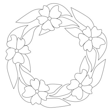 Çiçek ve yapraklardan oluşan siyah beyaz bir çelenk. Boyama ve dekorasyon için uygun. Bahar ve bahar tatillerinin gelişi için basit vektör doğrusal çizimi. Kartpostallar, davetiyeler, afişler vs. için kullanılabilir. 
