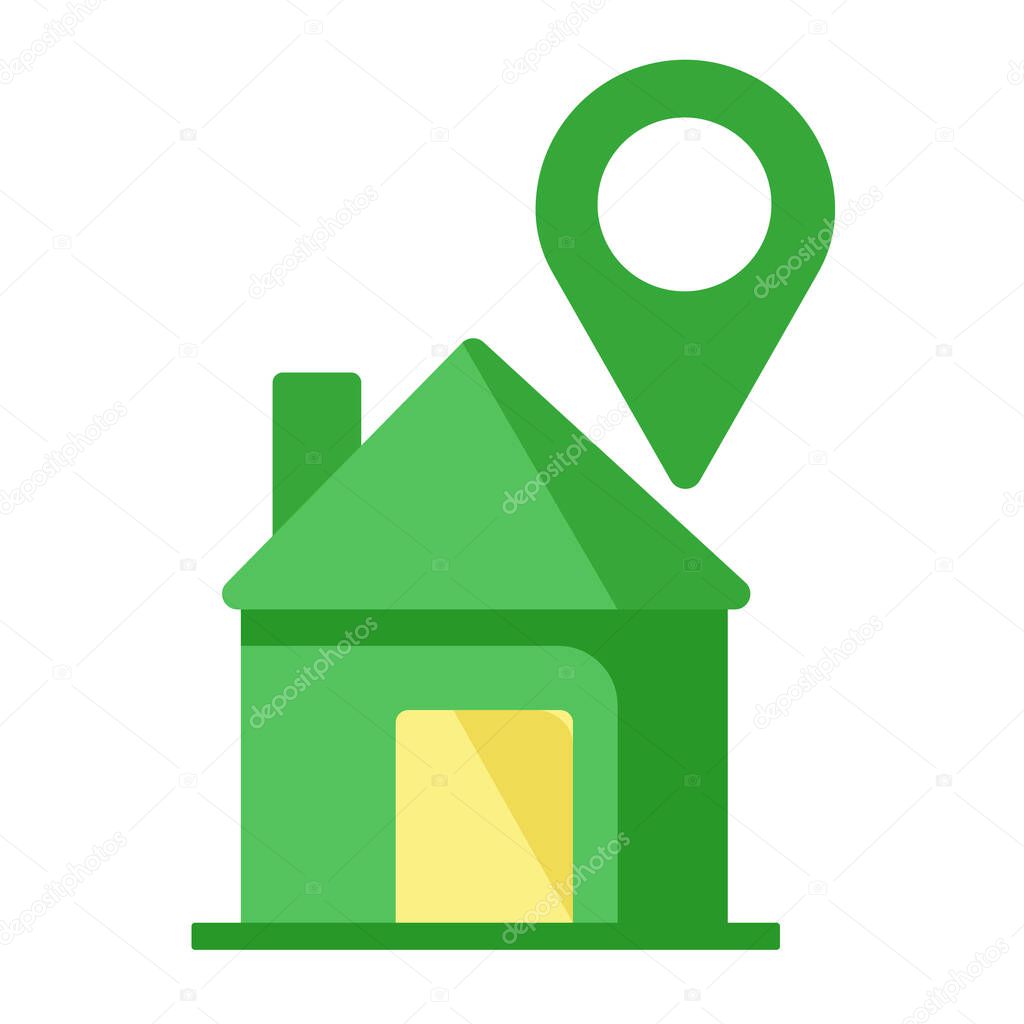 Ecohouse icon with location icon. It can be used on websites as a designation of an address, location, in infographics, typography. 