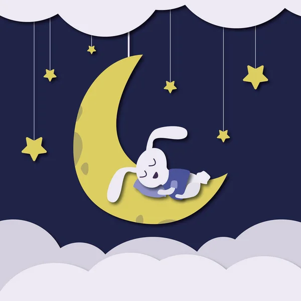 Cartão Postal Desenho Lebre Dorme Lua Crescente Noite Estrelas Ilustrações De Stock Royalty-Free
