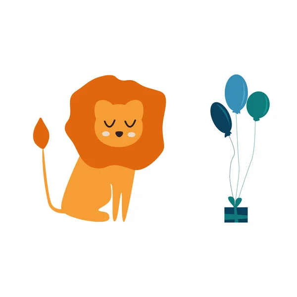 Vecteur Pour Anniversaire Lion Avec Ballons Fond Blanc — Image vectorielle