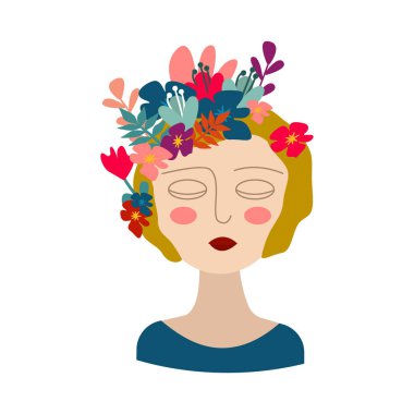 Çiçeklerden yapılmış sihirli saçları olan güzel bir kız, vektör çizimi, beyaz bir arka planda.