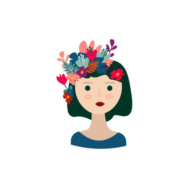 Çiçeklerden yapılmış sihirli saçları olan güzel bir kız, vektör çizimi, beyaz bir arka planda.