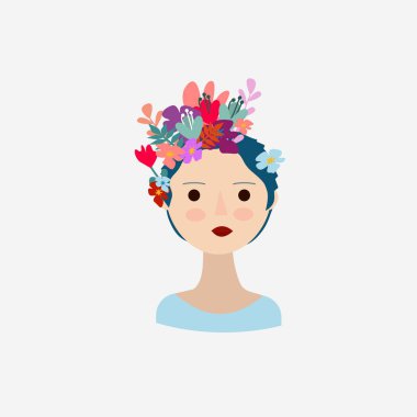 Çiçeklerden yapılmış sihirli saçları olan güzel bir kız, vektör çizimi, beyaz bir arka planda.