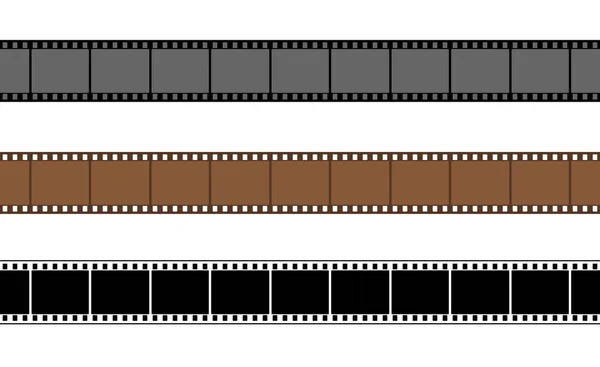 Siyah, kahverengi ve gri renkli yatay film şeritleri. Klasik analog fotoğraf negatifleri retro fotoğrafçılık, sinema ve video düzenleme elementlerini temsil ediyor..