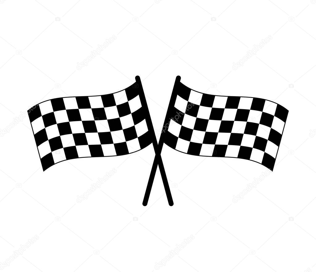 Curved crossed checkered racing flags in black and white.