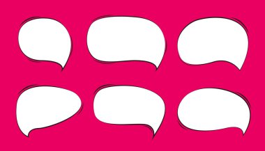 El çizimi komik konuşma baloncuklarının dinamik retro tarzı bir koleksiyonu. Set parlak pembe arkaplan üzerinde koyu siyah çizgileri olan ifade edici beyaz diyalog balonları içeriyor