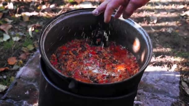 Cocina Tradicional Aplastado Verduras Setas Fuego Leña Patio — Vídeo de stock