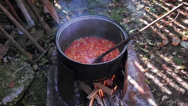 Főzés Zúzott Zöldségek Tűz Udvaron Hagyományos Élelmiszer — Stock videók