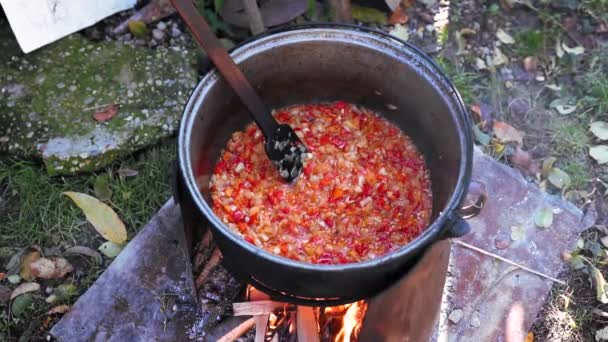 Gotowanie Potłuczone Warzywa Przy Pożarze Drewna Stoczni Tradycyjnej Żywności — Wideo stockowe