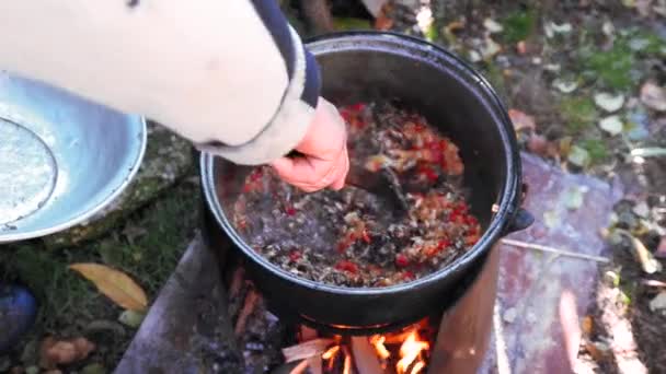 Cocinar Verduras Machacadas Fuego Leña Patio Comida Tradicional — Vídeo de stock