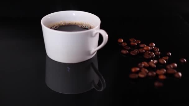 White Cup Coffee Roasted Beans Black Background — Stock Video