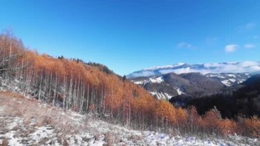 Renkli yapraklar ve mavi gökyüzüyle sonbahar-kış mevsiminde inanılmaz dağ manzarası