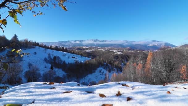 Úžasná Zimní Krajina Horami Pozadí Barevné Listy — Stock video