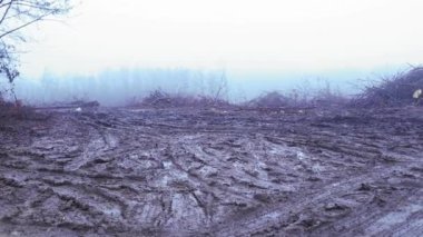 Kış mevsiminde çamur ve karla kaplı orman tahrip alanı
