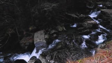 Sonbahar mevsiminde taşların arasından akan inanılmaz dağ nehri.