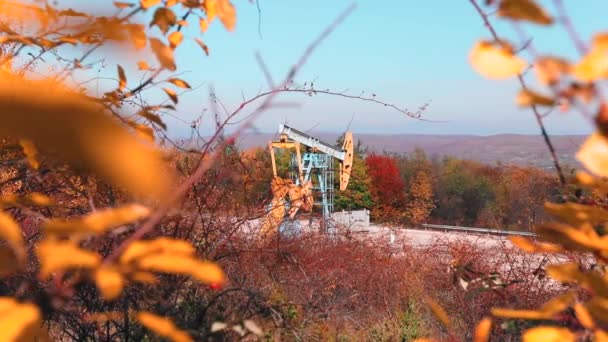 Ölförderpumpe Arbeitet Herbst Auf Dem Hügel — Stockvideo