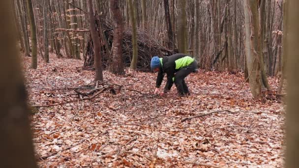 Randonneur Construit Abri Dans Forêt Avec Des Bois Secs — Video