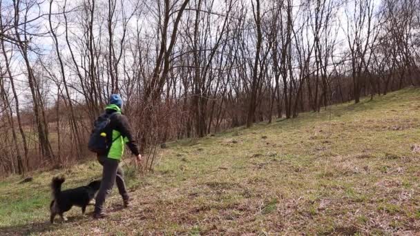 Hombre Perro Caminan Juntos Por Sendero Del Bosque Principios Primavera — Vídeos de Stock