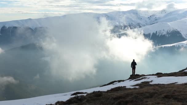 Caminante Perros Disfrutando Vista Las Montañas Durante Invierno Día Niebla — Vídeo de stock