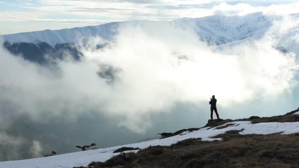 Caminante Perros Disfrutando Vista Las Montañas Durante Invierno Día Niebla — Vídeo de stock