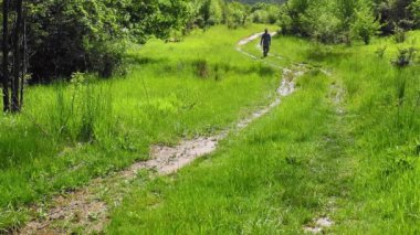 Bir adam bahar mevsiminde çayırda yeşil çimlerle ve çiçeklerle yürür.