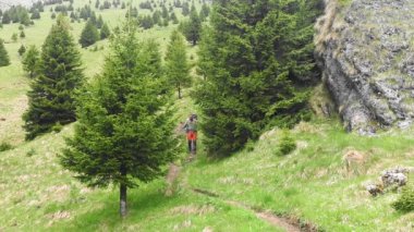 A hiker with a backpack walking through the mountain glade in spring