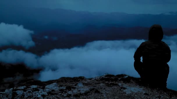 Hiker Standing Top Mountain Watching Storm — Stock Video