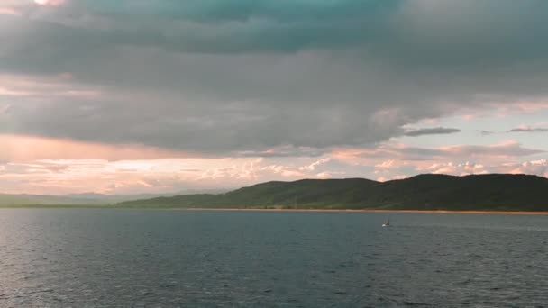 Man Rides Kayak Lake Sunset — Stock Video