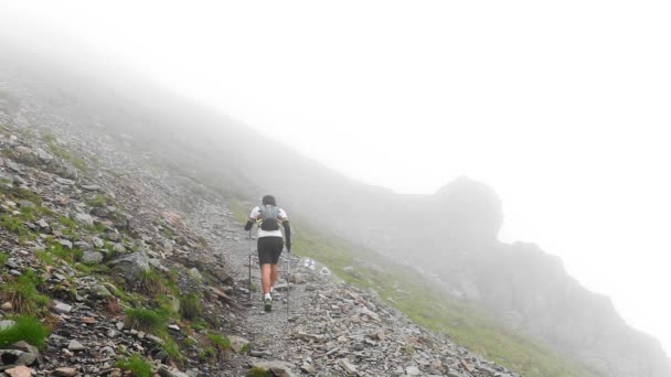 Impresionante Paisaje Con Excursionista Caminando Sobre Acantilados Montaña Con Niebla — Vídeos de Stock