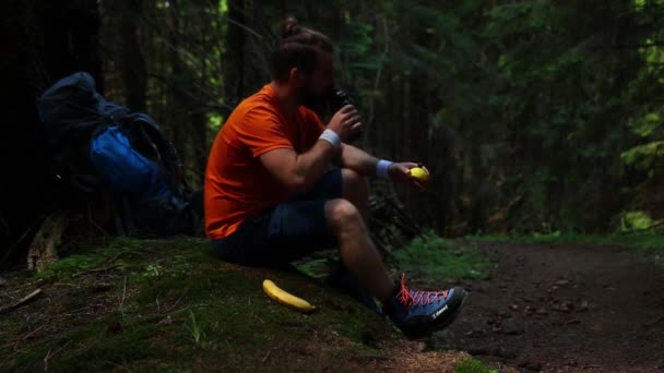 Osamělý Pěší Túra Odpočívající Stravování Lese Létě — Stock video