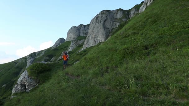 Solo Excursionista Con Una Mochila Caminando Montaña Rocosa Verano — Vídeos de Stock