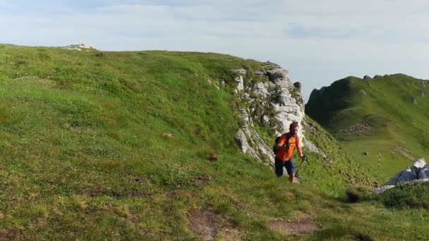 夏天背着背包在山上散步的孤独徒步旅行者 — 图库视频影像