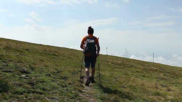 Caminhante Solitário Com Uma Mochila Andando Montanha Verão — Vídeo de Stock