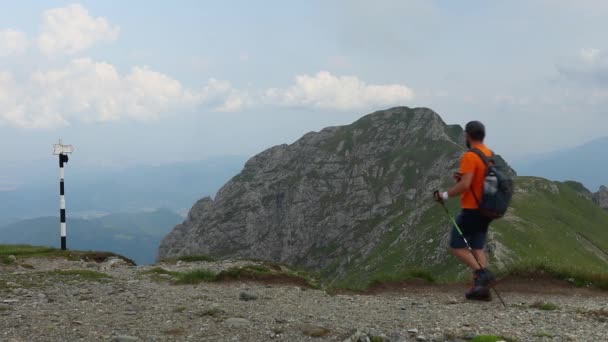 Caminhante Sozinho Com Uma Mochila Andando Montanha Rochosa Verão — Vídeo de Stock