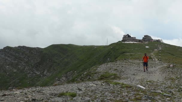 Alone Escursionista Con Uno Zaino Piedi Sulla Montagna Rocciosa Estate — Video Stock