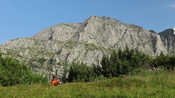 Ένας Μοναχικός Πεζοπόρος Περπατάει Ορεινό Μονοπάτι Μεγάλο Υψόμετρο Κατά Διάρκεια — Αρχείο Βίντεο